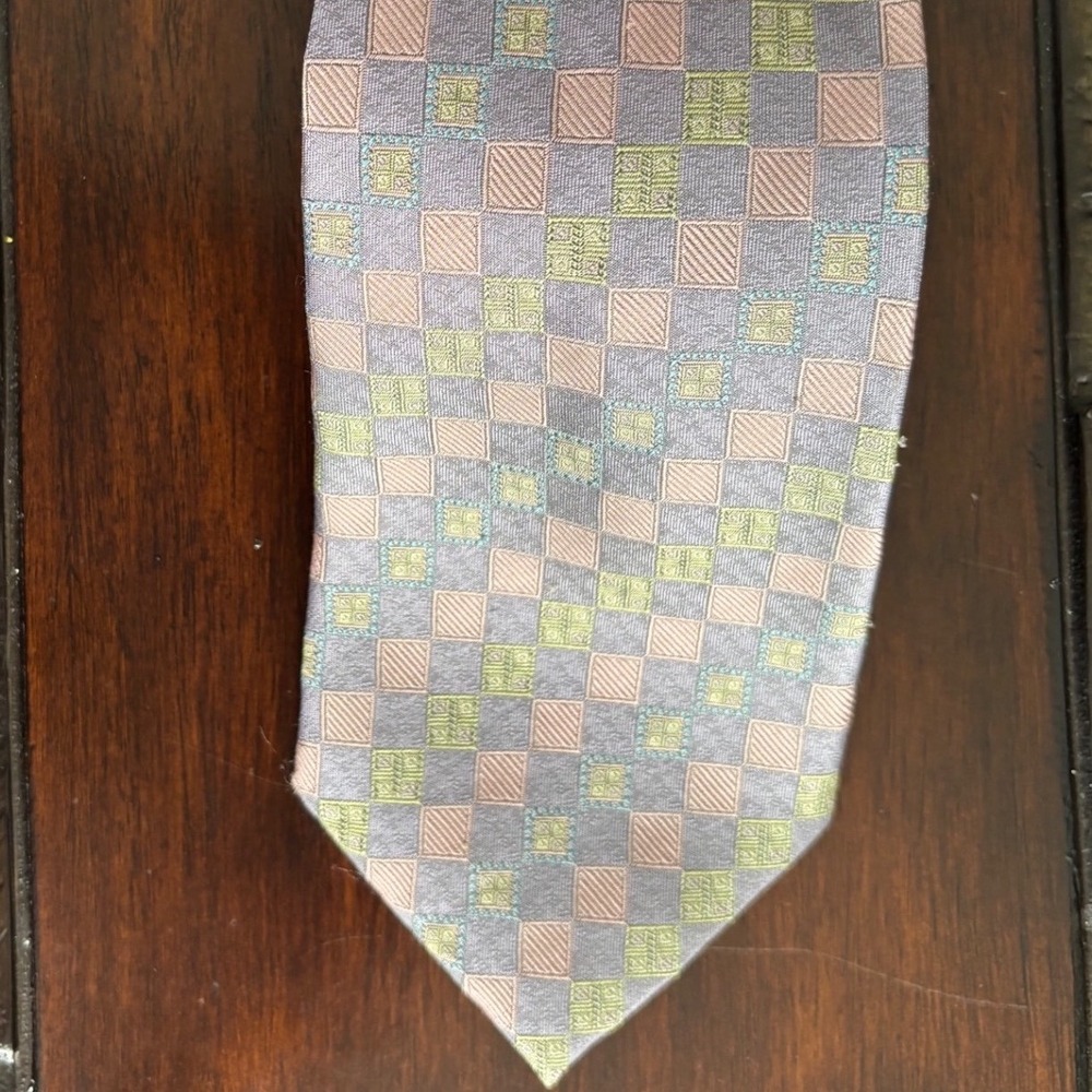 Daniel De Fasson Mens‎ Silk Necktie Gray Pink Green Check Pattern Tie Vintage